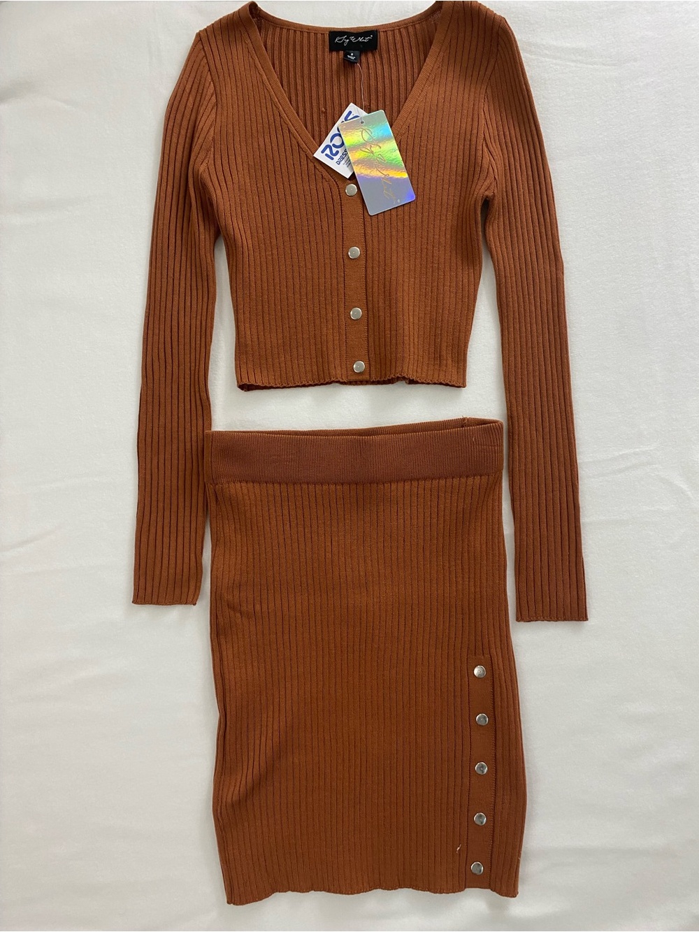 Say What? Ribbed Button-Accent Skirt Set in Rust Brown